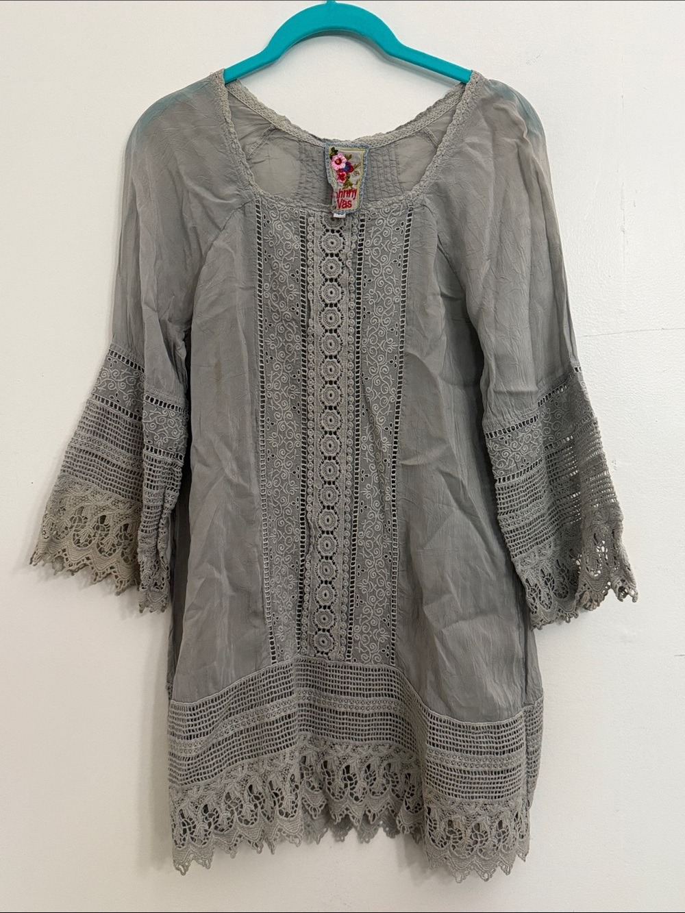 Johnny Was Gray Lace-Trim Long Sleeve Tunic